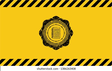 note book icon grunge black emblem with yellow background, warning sign. Vector Illustration. Detailed.