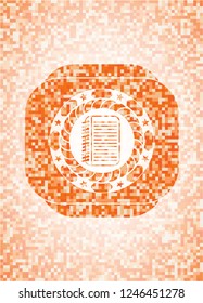 note book icon inside abstract emblem, orange mosaic background