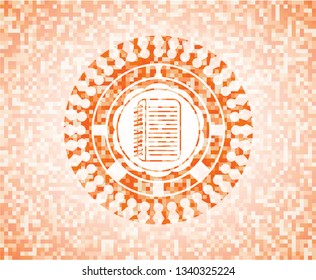 note book icon inside abstract emblem, orange mosaic background