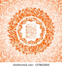 note book icon inside abstract orange mosaic emblem
