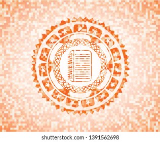 note book icon inside abstract emblem, orange mosaic background
