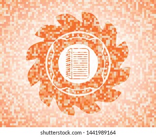 note book icon inside abstract emblem, orange mosaic background
