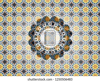 note book icon inside arabic badge background. Arabesque decoration.
