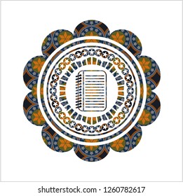 note book icon inside arabic badge background. Arabesque decoration.