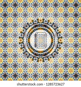 note book icon inside arabic style badge. Arabesque decoration.