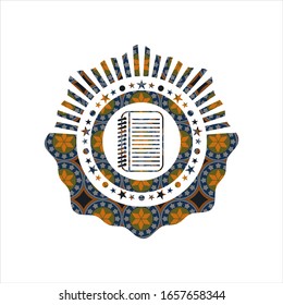 note book icon inside arabic badge. Arabesque decoration.
