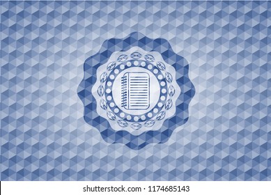 note book icon inside blue polygonal badge.