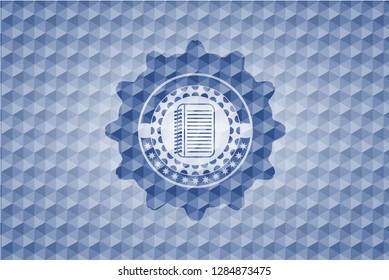 note book icon inside blue polygonal emblem.