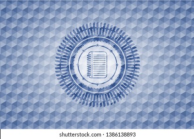 note book icon inside blue polygonal badge.