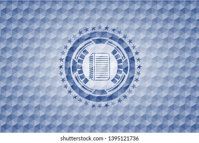 note book icon inside blue hexagon badge.