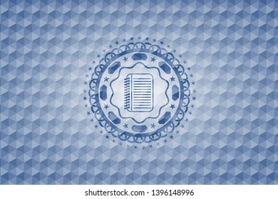 note book icon inside blue emblem with geometric pattern background.