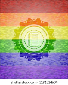 note book icon inside emblem on mosaic background with the colors of the LGBT flag