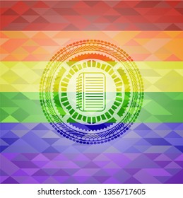 note book icon inside emblem on mosaic background with the colors of the LGBT flag