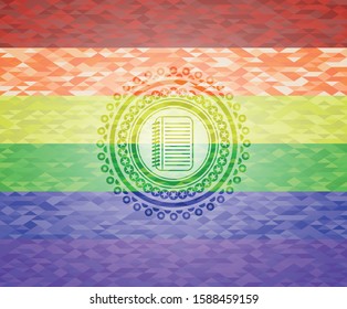 note book icon inside emblem on mosaic background with the colors of the LGBT flag