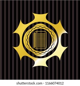 note book icon inside gold emblem or badge