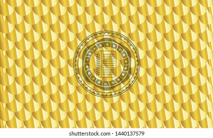 note book icon inside gold badge or emblem. Scales pattern. Vector Illustration. Detailed.