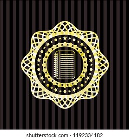 note book icon inside golden emblem or badge