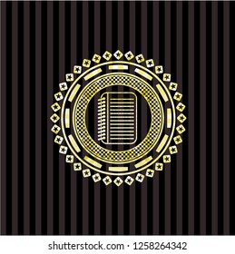 note book icon inside golden emblem or badge