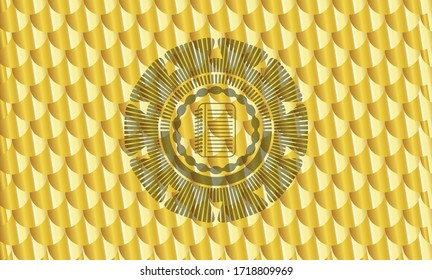 note book icon inside golden badge. Scales pattern. Vector Illustration. Detailed. 