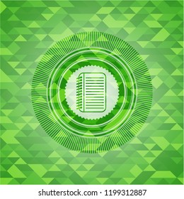 note book icon inside green emblem with mosaic ecological style background