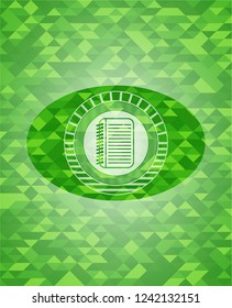 note book icon inside green emblem with mosaic ecological style background