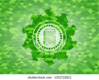 note book icon inside green emblem with mosaic background