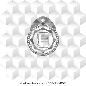 note book icon inside grey badge with geometric cube white background