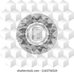 note book icon inside grey emblem with geometric cube white background