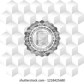 note book icon inside grey badge with geometric cube white background