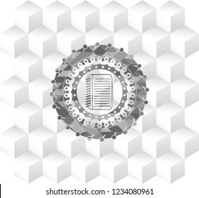 note book icon inside grey emblem with cube white background