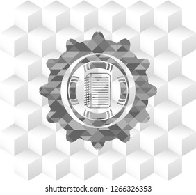 note book icon inside grey emblem with geometric cube white background