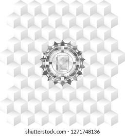 note book icon inside grey emblem with geometric cube white background
