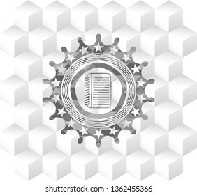 note book icon inside grey badge with geometric cube white background