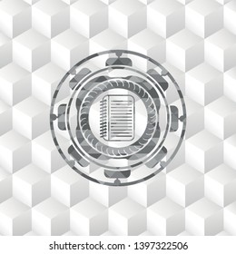 note book icon inside grey emblem with cube white background