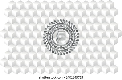note book icon inside grey badge with geometric cube white background