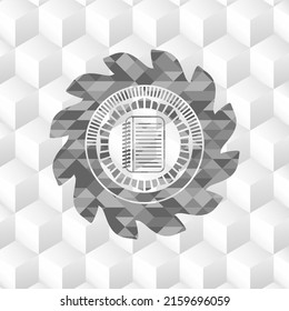 note book icon inside grey emblem with geometric cube white background. 