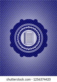 note book icon inside jean or denim emblem or badge background