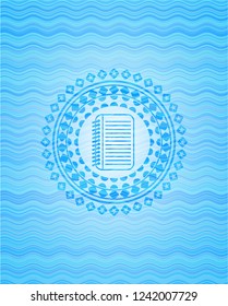 note book icon inside light blue water badge background.