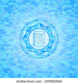 note book icon inside light blue emblem with triangle mosaic background