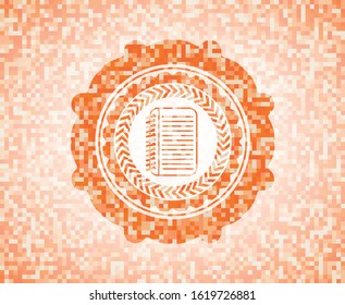 note book icon inside orange tile background illustration. Square geometric mosaic seamless pattern with emblem inside.