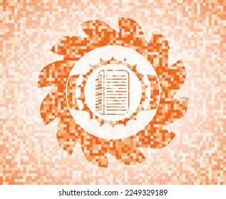 note book icon inside orange mosaic emblem. 