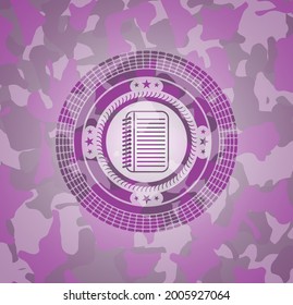 note book icon inside pink camouflage emblem. 