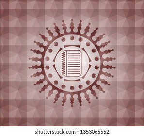note book icon inside red emblem or badge with abstract geometric pattern background. Seamless.