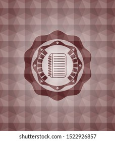 note book icon inside red emblem with geometric pattern background. Seamless.