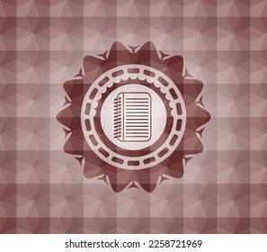icono del libro de notas dentro del emblema rojo o de la placa con fondo de patrón geométrico. Sin inconveniente. 