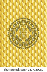 Notizbuch-Symbol in glänzendem goldenem Emblem. Skaliert Muster. Vektorgrafik. Detaillierte Angaben. 