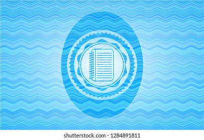 note book icon inside sky blue water badge.