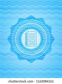 note book icon inside water wave style emblem.