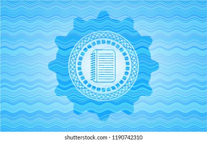 note book icon inside water wave concept badge.