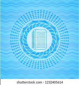 note book icon inside water wave representation style emblem.
